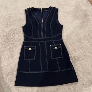 Karen Millen navy ponte dress with gold details.